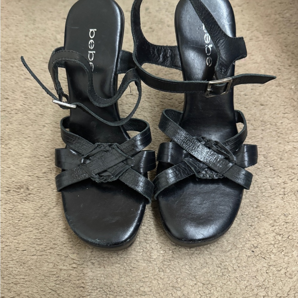 Bebe Black Woven Leather Platform Strappy High Heel
